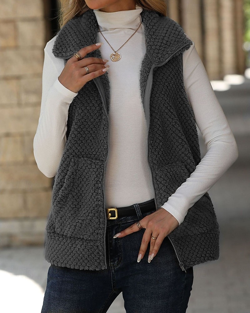Women's Winter Coat Fleece Vest Vest Warm Comfortable Patchwork Zipper Pocket Fashion Casual Solid Color Vacation Street Casual Daily Wear Regular Turndown Regular Fit Sleeveless Outerwear Khaki Dark 2026 - $33.99 –P4