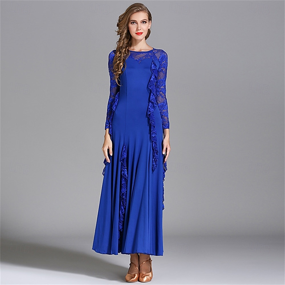 Abito da ballo da sala con dettagli in pizzo per donna - abito a trapezio a maniche lunghe con dettagli arricciati per competizioni, balli latini ed eventi di danza - azzurro del 2026 a $125.99 –P7