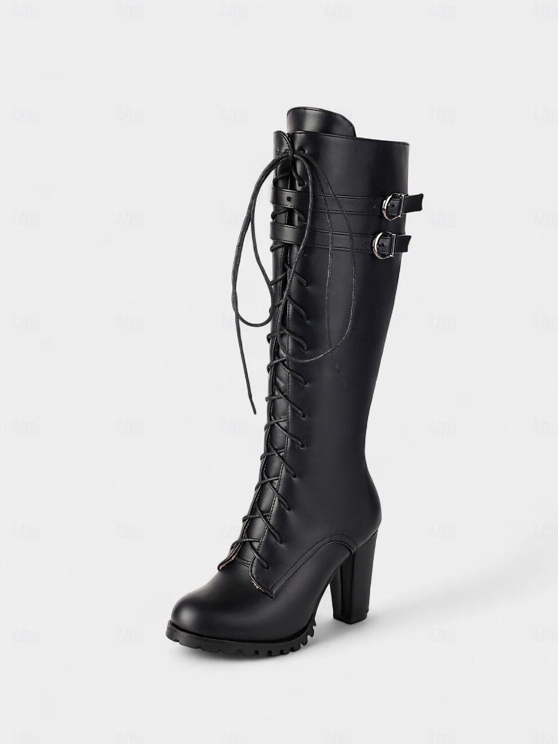 Women's Red Faux Leather Lace-Up Knee-High Boots with Buckle