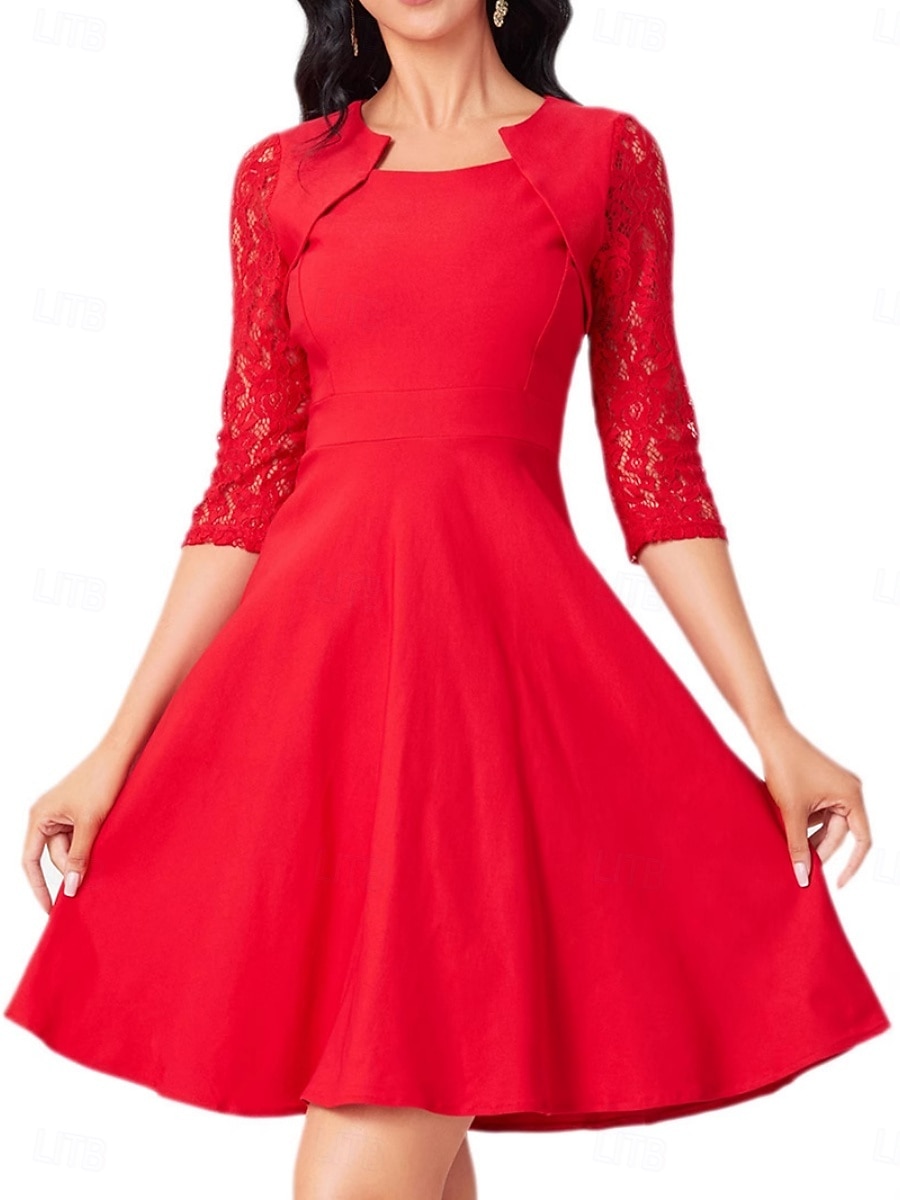 Women's Mini Dress A Line Dress Elegant Party Cocktail Outdoor Party Wedding Lace Patchwork Regular Fit Solid Color 3/4 Length Sleeve Square Neck Pink Wine Red 2026 - BHD 17.02 –P7