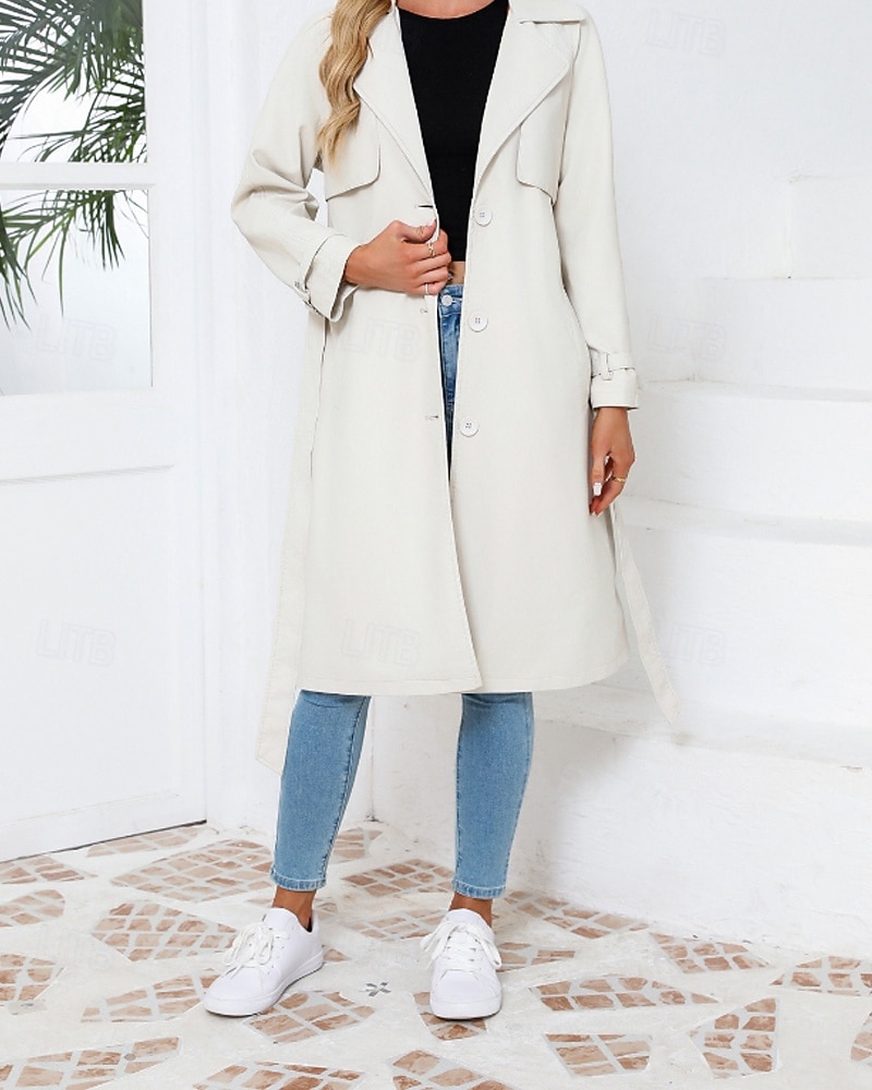 Dam Imitationsläderjacka Trenchcoat Bekväm Ficka Knappar Ledigt Slät Semester Dagliga kläder Utekväll Helgen Lång Nedvikt Normal Långärmad Ytterkläder Marin Svart Kamel Vår Höst 2025 - $68.99 –P4