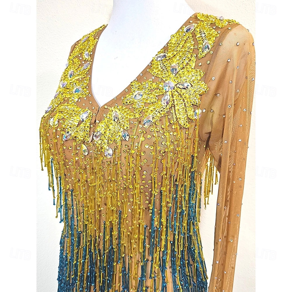 Women’s Gold and Blue Latin Dance Dress with Crystal Rhinestones and Fringed Details for Salsa, Tango, and Dance Performance 2026 - $365.69 –P5
