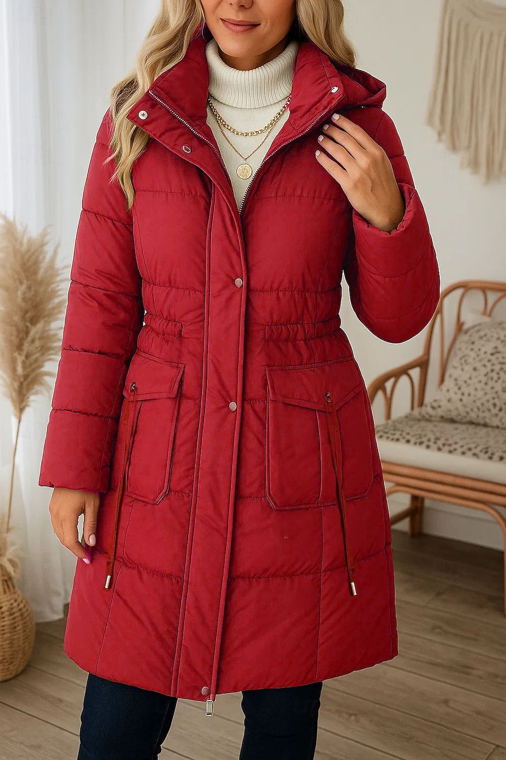 Dame Parkas Bekvem Pustende Lomme Knapper Fritid عادي Feriereise Gate Avslappet Dagligdagstøy Enkeltkneppet Lang Hettegenser Normal Langermet Yttertøy Svart Hvit Rød Vår Høst 2025 - $46.99 –P3