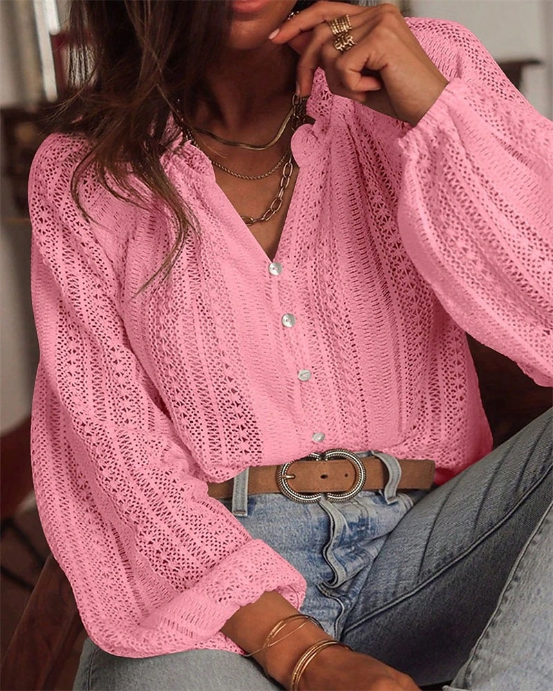 Dam Skjorta Dressiga toppar Ihålig Knappar Slät Elegant damer Stylish Långärmad V-hals Vanliga toppar Dagligen Arbete Helgdag Vit Rodnande Rosa Rubinrött Aprikos Vår Höst 2026 - $35.99 –P6