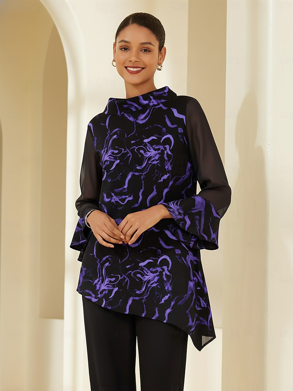 Women's Blouse Black Floral Print Stretch Chiffon Sleeves Bateau Neckline Casual Comfortable Spring Summer Fall Vacation 2026 - $67.99 –P3