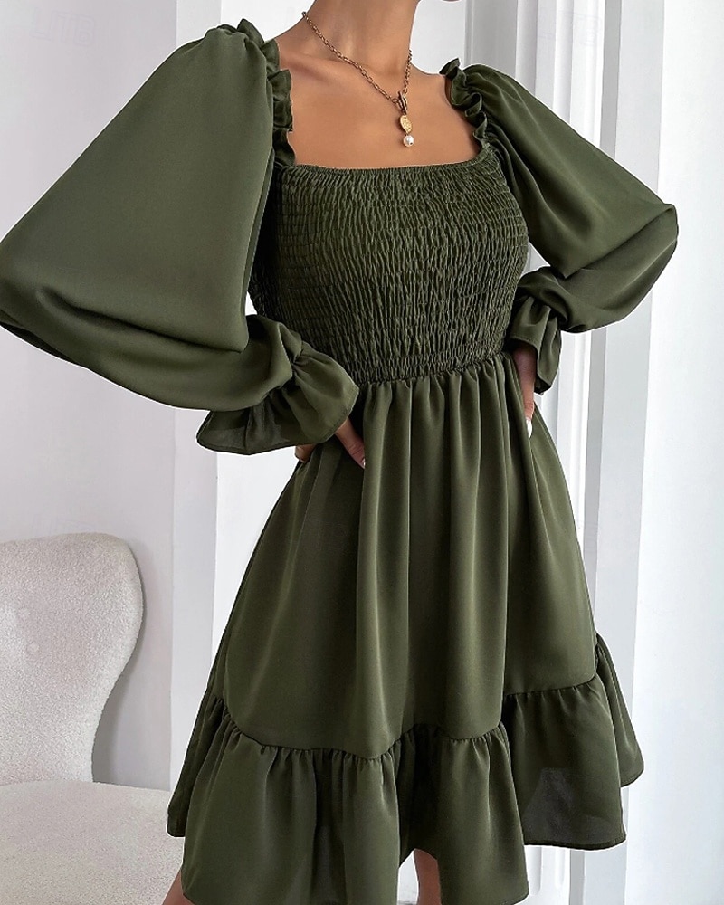 Damen Minikleid Schößchen Kleider Gerafftes Kleid Modern Outdoor Ferien Ausgehen Normale Passform Einfach Langarm Quadrathals Schwarz Wein Armeegrün Leicht Braun Frühling Herbst 2025 - $24.99 –P8
