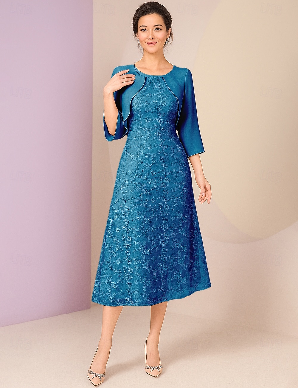 Vestido de fiesta A-line hasta el tobillo vestido de cóctel vestido de invitada de boda vestido de madre de la novia manga 3/4 escote redondo elegante formal encaje con encaje 2026 - $103.99 –P11