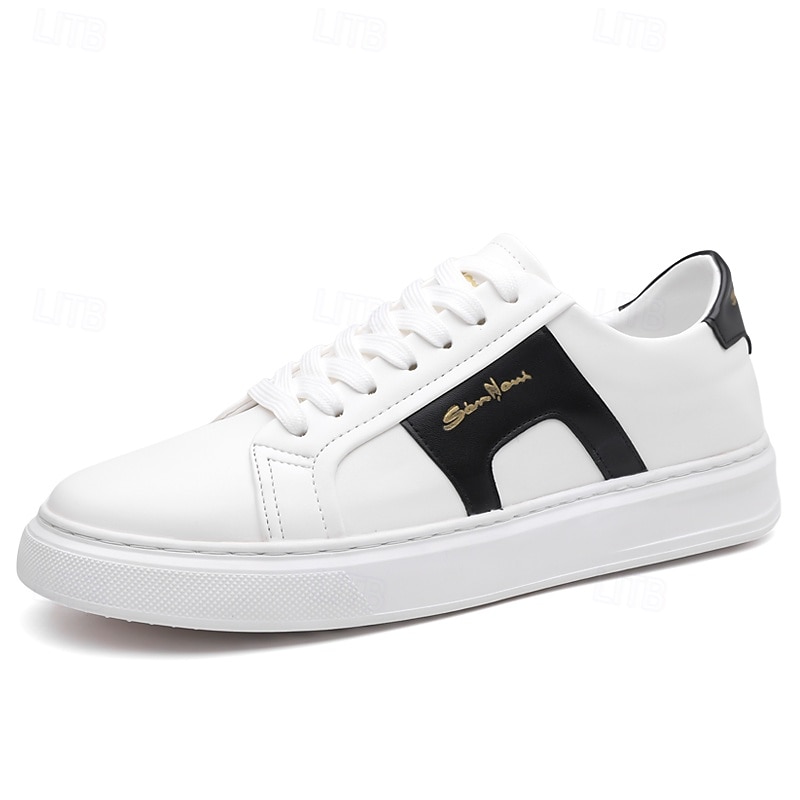 Zapatillas casuales de piel sintética blanca para hombre con panel de acento marrón y diseño con cordones, zapatos de calle cómodos para atuendos urbanos y deportivos diarios. 2026 - $46.99 –P3