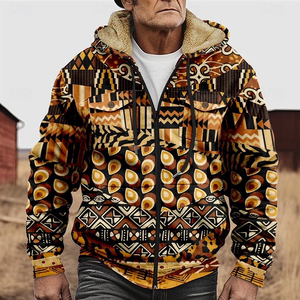 Per uomo Grafico Stile Boho Felpa con Cappuccio Giacca di pelle Moda Etnico Casual Manica Lunga Con Cappuccio All'aperto Sport all'Aperto Uscire Marrone chiaro Arancione scuro Giallo Blu Arancione del 2026 a $57.99 –P4