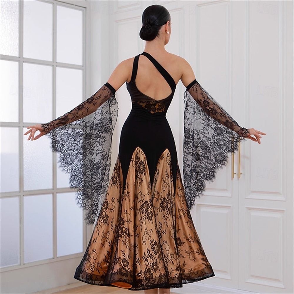 Women's Ballroom Dance Dress Black Lace Patchwork Mesh Asymmetric Shoulder Elegant Tango Rumba Competition Performance Gown 2026 - $484.19 –P3