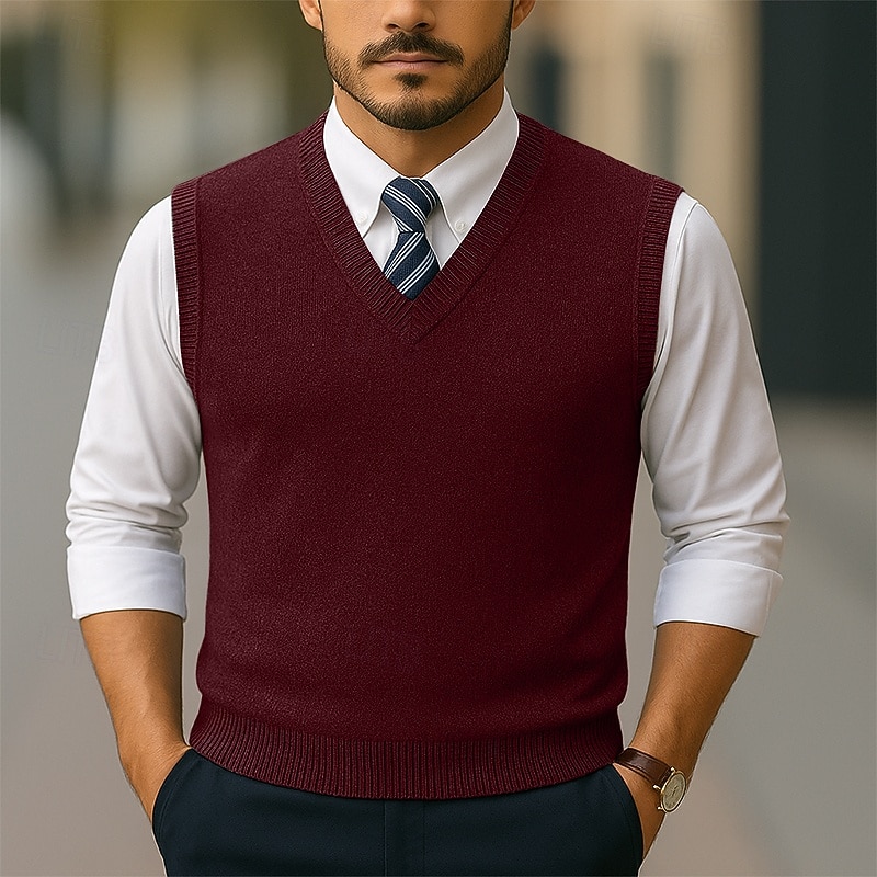 Men's Sweater Sweater Vest Pullover Sweater Jumper Ribbed Knit Regular Tops Knitted Slim Fit Plain V Neck Knitwear Contemporary Casual Business Clothing Apparel Spring Fall Wine Navy Blue M L XL 2026 - $26.99 –P9
