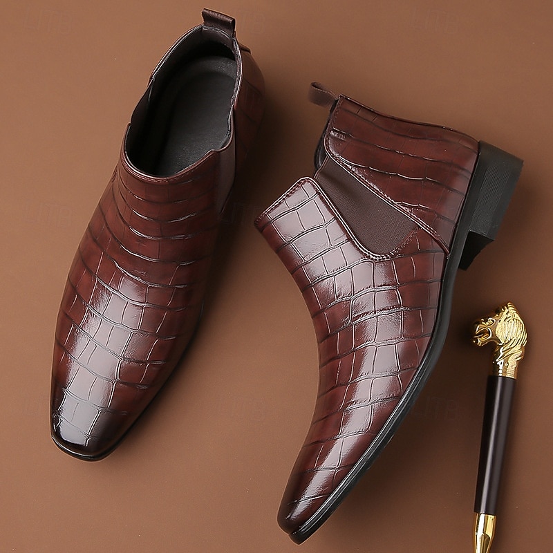 stivali chelsea da uomo in vera pelle sintetica color cuoio con pannelli laterali elastici e finitura liscia, eleganti stivaletti eleganti per lavoro, feste e occasioni formali del 2026 a $54.99 –P11