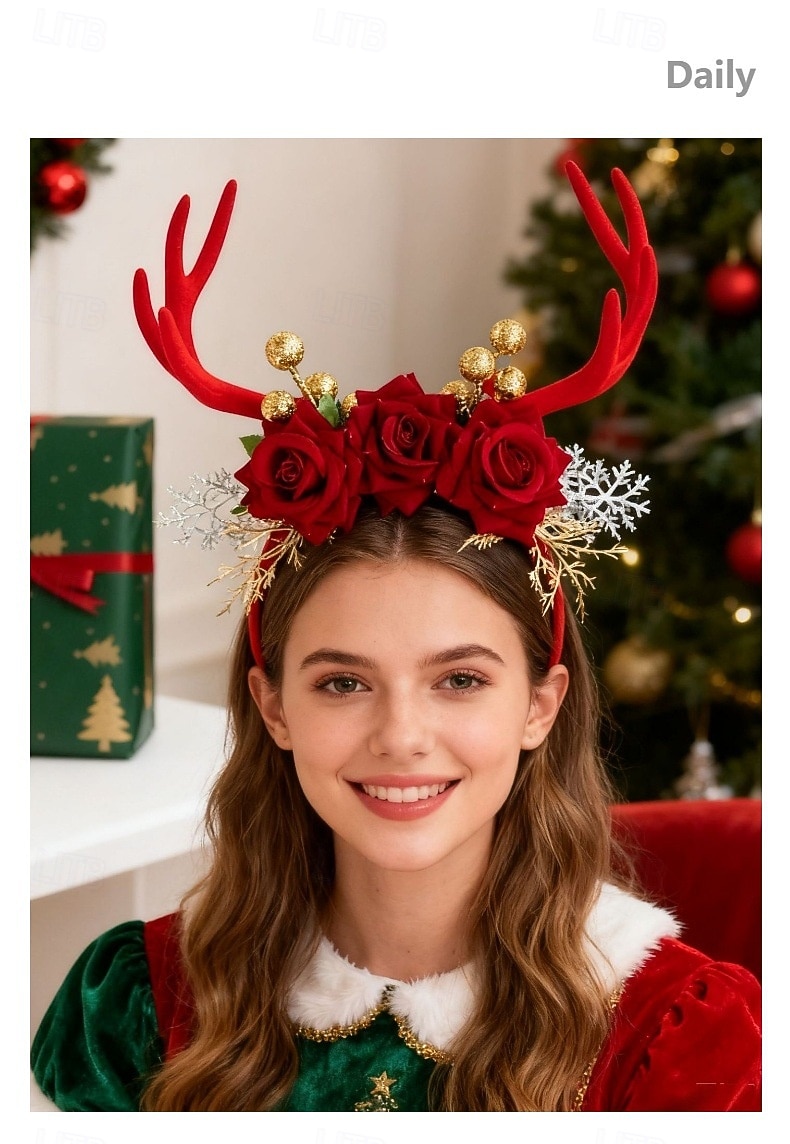 set di 2 cerchietti natalizi da donna con corna di renna, accessori floreali per capelli con rose rosse e bianche, bacche dorate &corna di velluto per feste di Natale &foto di famiglia del 2026 a $32.99 –P2