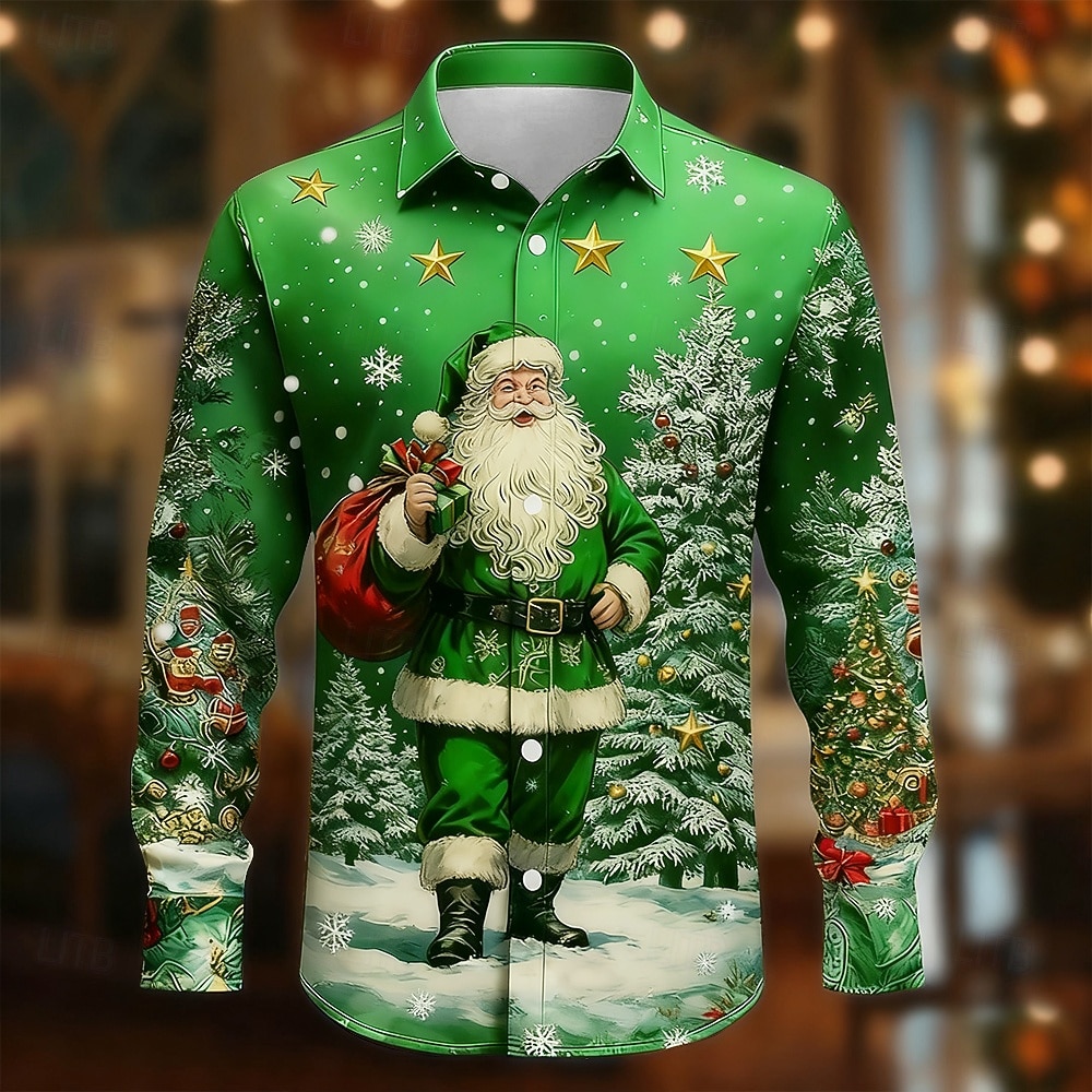 Crăciun Bărbați Mos Craciun Brad de Crăciun Fulg zăpadă Cămașă Camașă cu nasturi Manșon Lung Amuzant Cadouri de Crăciun Concediu Primăvară Toamnă Răsfrânt Imprimare 3D cămăși cu guler Albastru 2025 - $26.99 –P2
