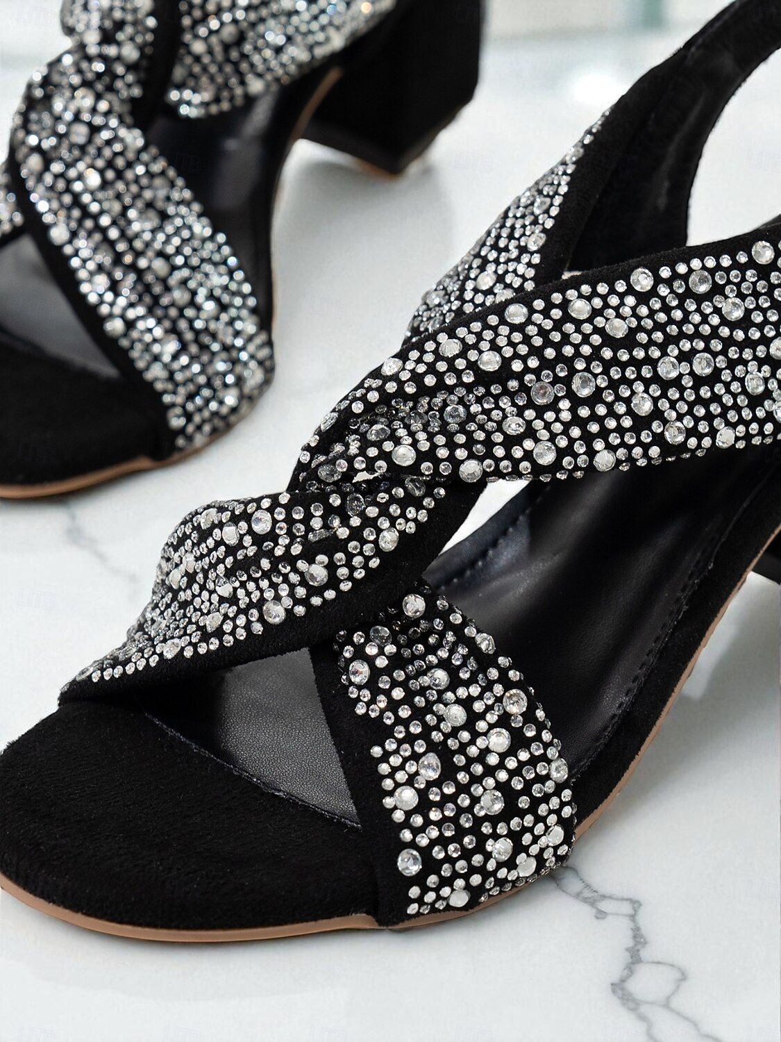 sandali da donna con tacco a blocco incrociato e strass neri - tacchi glamour con punta aperta per le feste di Natale e Capodanno &eventi serali del 2026 a $29.99 –P2
