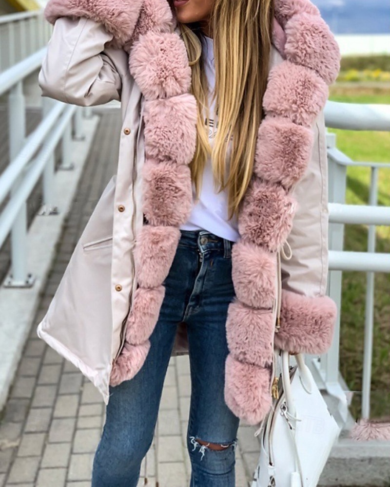 Dame Vinterfrakk Frakk Fuskepels Hold Varm Bekvem Lomme Knapper Fritid Fargeblokk Feriereise Gate Avslappet Ferie Lang Med hette Normal Langermet Yttertøy Svart Rosa Brun Høst Vinter 2025 - $98.99 –P1