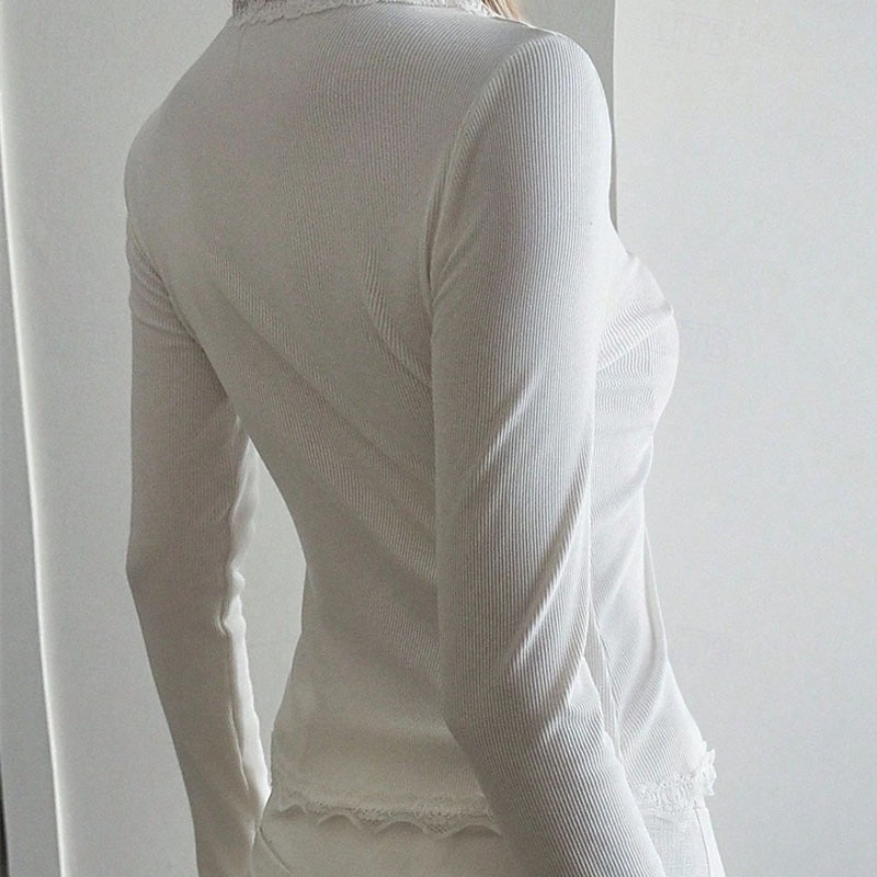 Mujer Blusa Tops elegantes Tops de encaje Tops ajustados Frunce Sayo Ribete de encaje Plano Elegante Vintage damas Manga Larga Escote en Pico Tops regulares Diario Trabajo Festivos Negro Blanco Vino 2026 - $28.99 –P2