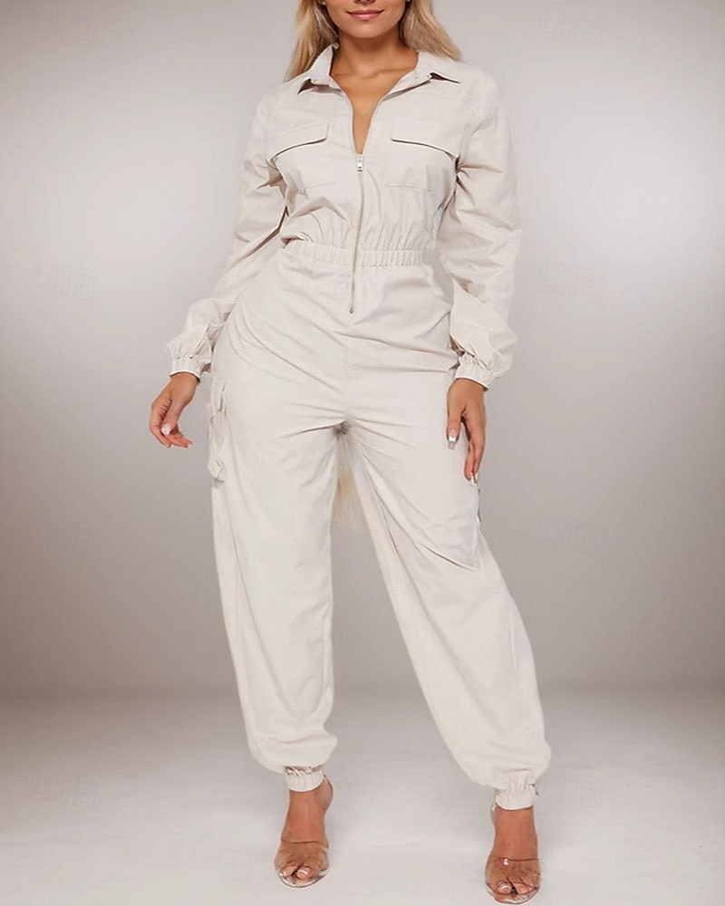 בגדי ריקוד נשים סרבלים פעיל צבע אחיד שרוול ארוך מכנסי קרגו צווארון חולצה רוכסן כיס חופשה יומי רגיל שחור משמש אביב 2026 - $45.99 –P3