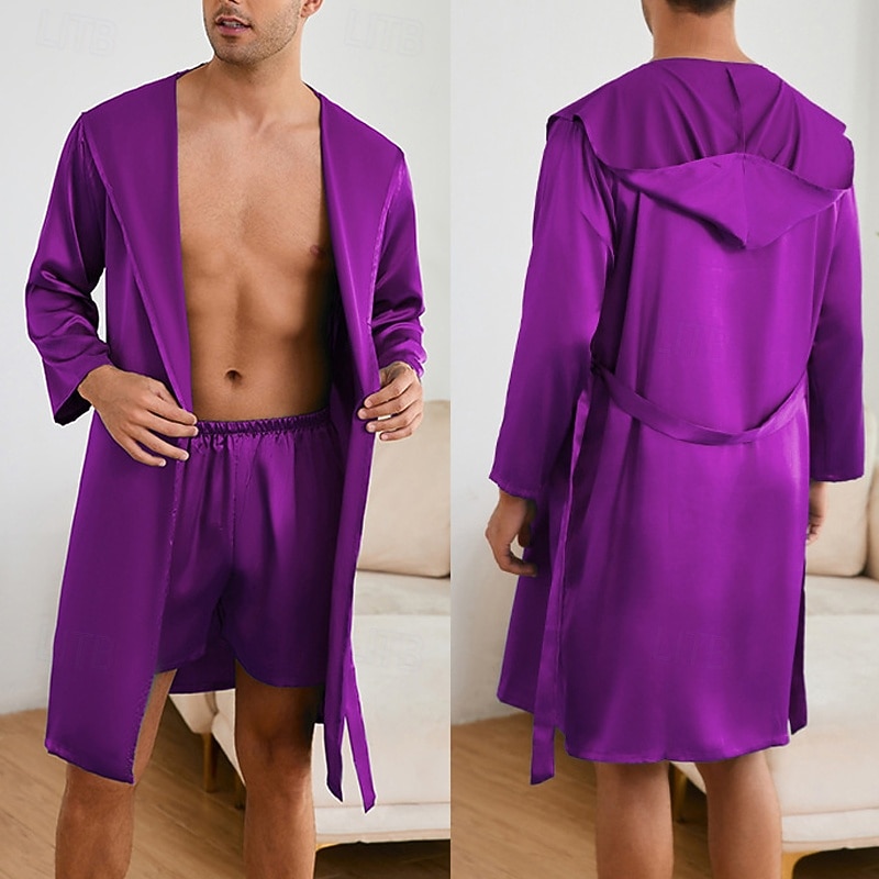 Men's Pajamas Silk Robe Sleepwear Pajama Set 1 set Plain Fashion Stylish Classic Home Daily Bed Polyester Comfort Soft Hoodie Long Sleeve Belt Included Summer Spring Lake Blue Champagne 2025 - $42.99 –P1
