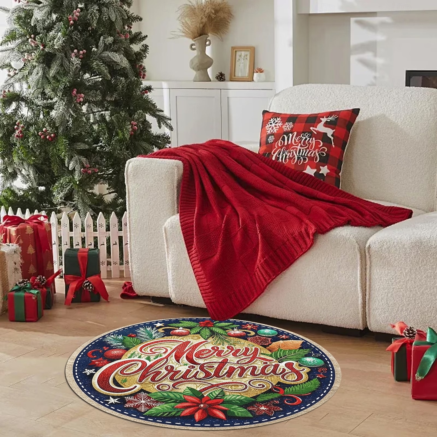 С Рождеством круглый коврик для гостиной и спальни искусственный кашемир коврик праздника с украшениями Пуансеттия и сосновыми листьями мягкий нескользящий машинная стирка 4фт 2025 - $11.49 –P3