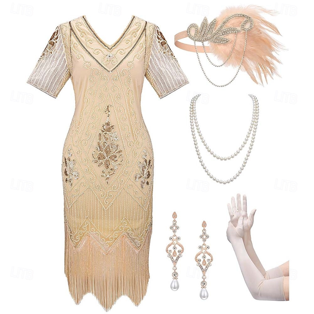 Set Anni Ruggenti Anni 1920 Lunghezza al ginocchio Abito Flapper Abito da cocktail Costume di fantasia con accessori Maniche corte Il grande Gatsby Ragazza Flapper Paillettes Frangia con nappe Scollo del 2026 a $57.99 –P1