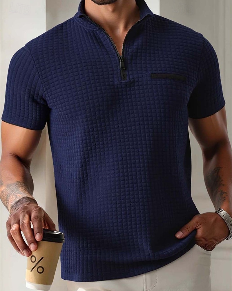 Per uomo Polo Polo con zip a un quarto Abbigliamento quotidiano Data Zip a un quarto Manica Corta Moda Essenziale Semplice Jacquard Cerniera Estate Vestibilità regolare Nero Bianco Blu marino del 2026 a $21.99 –P10