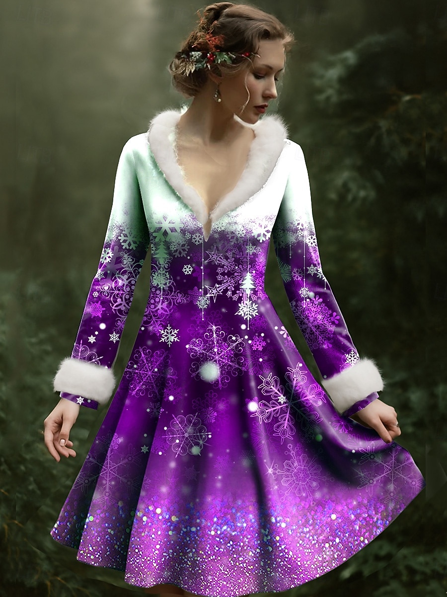 Christmas Women's Mini Dress A Line Dress Vacation Party Casual Party Daily Holiday Regular Fit Snowflake Long Sleeve V Neck Red Blue Purple Green Fall Winter 2025 - $52.99 –P3