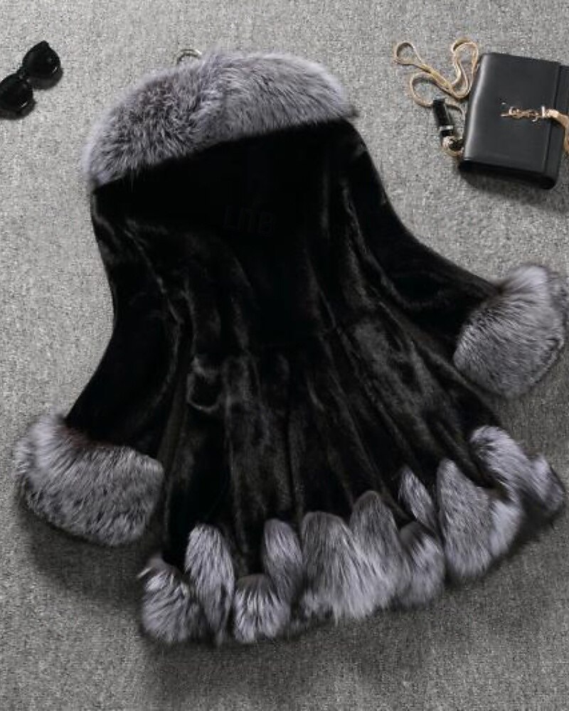 Dame Fuskepels Hold Varm Bekvem Lapper Lomme Knapper Pelskrage Mote Fargeblokk utendørs Feriereise Ferie Ut på byen Lang Med hette Normal Langermet Yttertøy Svart Hvit Høst Vinter 2026 - BHD 23.46 –P10
