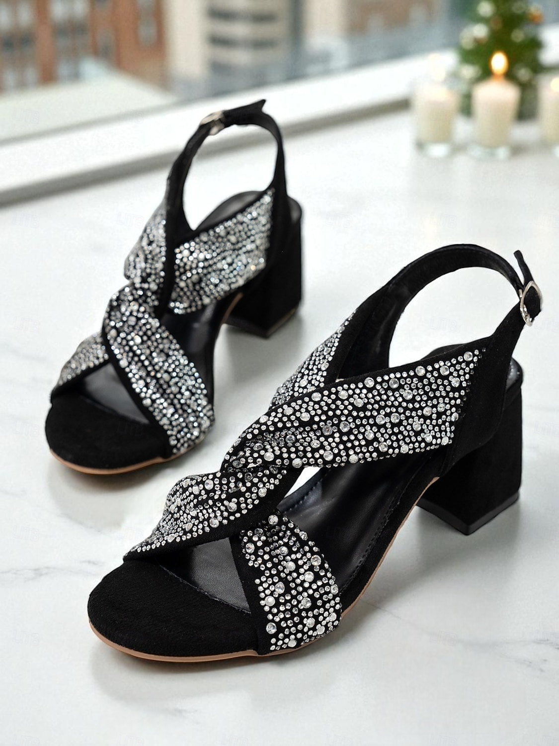 sandali da donna con tacco a blocco incrociato e strass neri - tacchi glamour con punta aperta per le feste di Natale e Capodanno &eventi serali del 2026 a $29.99 –P1