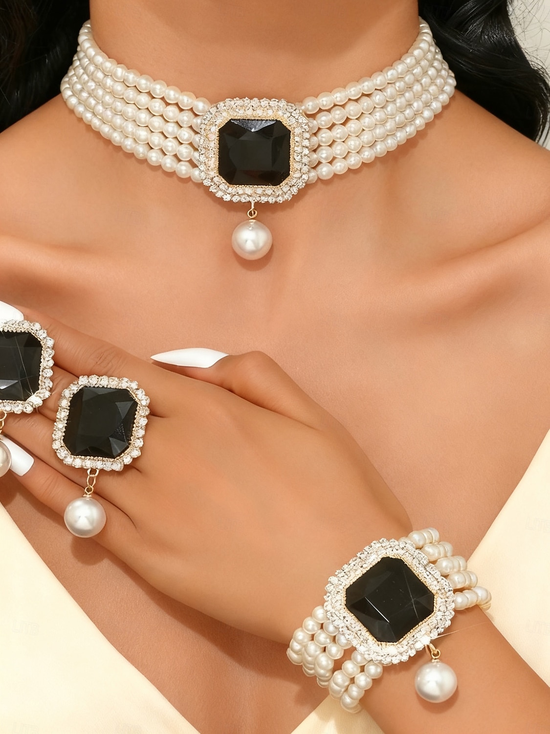 Dámská sada 3 šperků s perlami a zelenými drahokamy, vintage choker, náramek &prsten na vánoční večírky, vánoční dárky &elegantní večery 2026 - $14.99 –P5