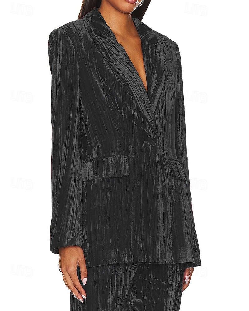 Dam Kavaj Sammetsblazers Håller värmen Bekväm Rynkad Ficka Knappar Elegant Retro Ensfärgat Formell Semester Gata Ledigt Normal Hakslag Normal Långärmad Ytterkläder Svart Vit Vin Höst Vinter 2025 - $37.99 –P8