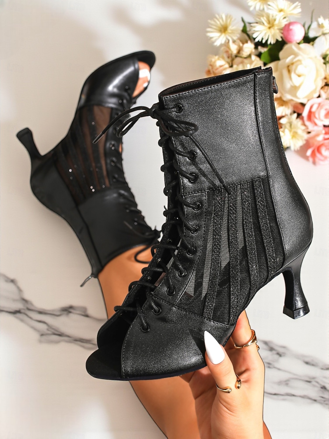 Schwarze Damen-Stiefeletten mit Schnürung und Peep-Toe, Mesh-High-Heel-Tanzschuhe für Abendgala, Abschlussball &Party-Outfits 2026 - $69.99 –P3