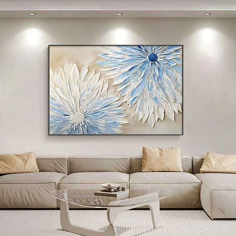 Картина маслом ручной работы на холсте, настенное искусство, украшение, абстракция, сине-белые 3D-цветы для домашнего декора, натянутая на раму, подвесная картина/рулонная безрамная ненатянутая 2025 - $61.99 –P3