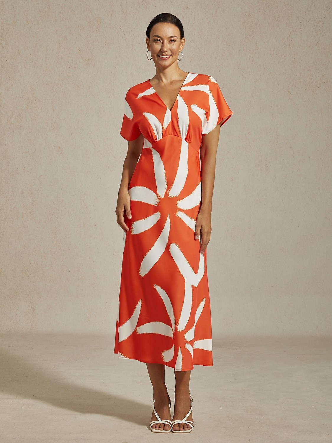 Vestido largo de satén con estampado abstracto para mujer, manga dolman, escote en V, cintura anudada, elegante, informal, para vacaciones, primavera, verano y otoño. 2026 - $91.99 –P1