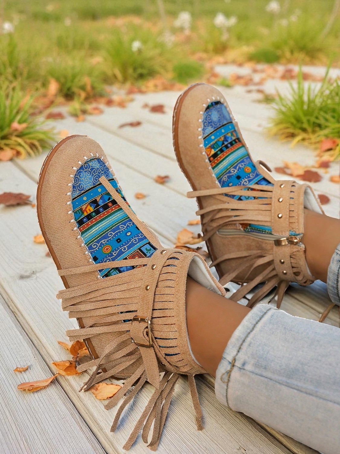 dames mocassinlaarzen met franjes en kleurrijke etnische print, casual enkellaarsjes voor herfstoutfits en festivals &dagelijks gebruik 2025 - $32.99 –P5