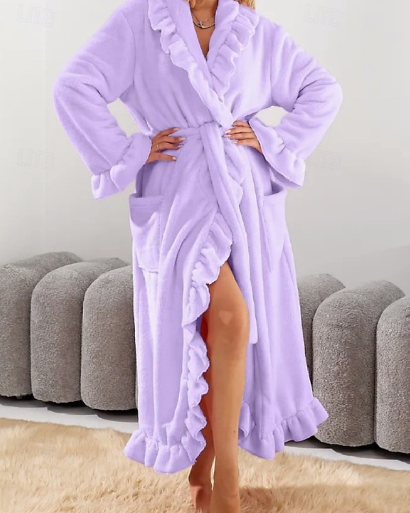 Women's Pajamas Robe Flannel Warm Fashion Pure Color Ruffle Pocket Home Daily Bed Long Sleeve Crew Neck Black White Pink Red Purple Fall Winter Regular Fit 2026 - E£3015.43 –P6