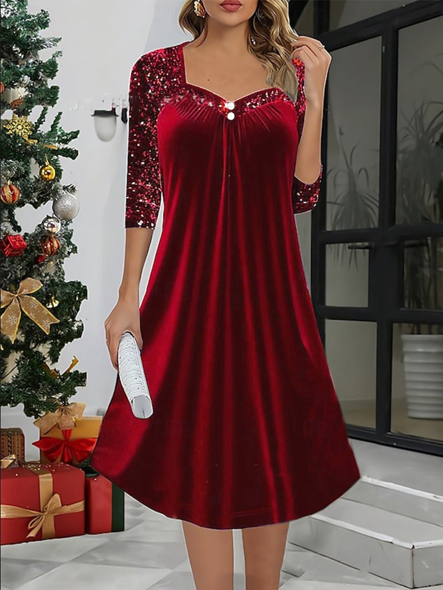 Navidad Mujer Vestido Midi Vestido de una línea Casual Vestidos semi formales Festivos Ajuste regular Plano Manga 3/4 Escote Cuadrado Vino Verde Trébol Invierno 2025 - $42.99 –P2