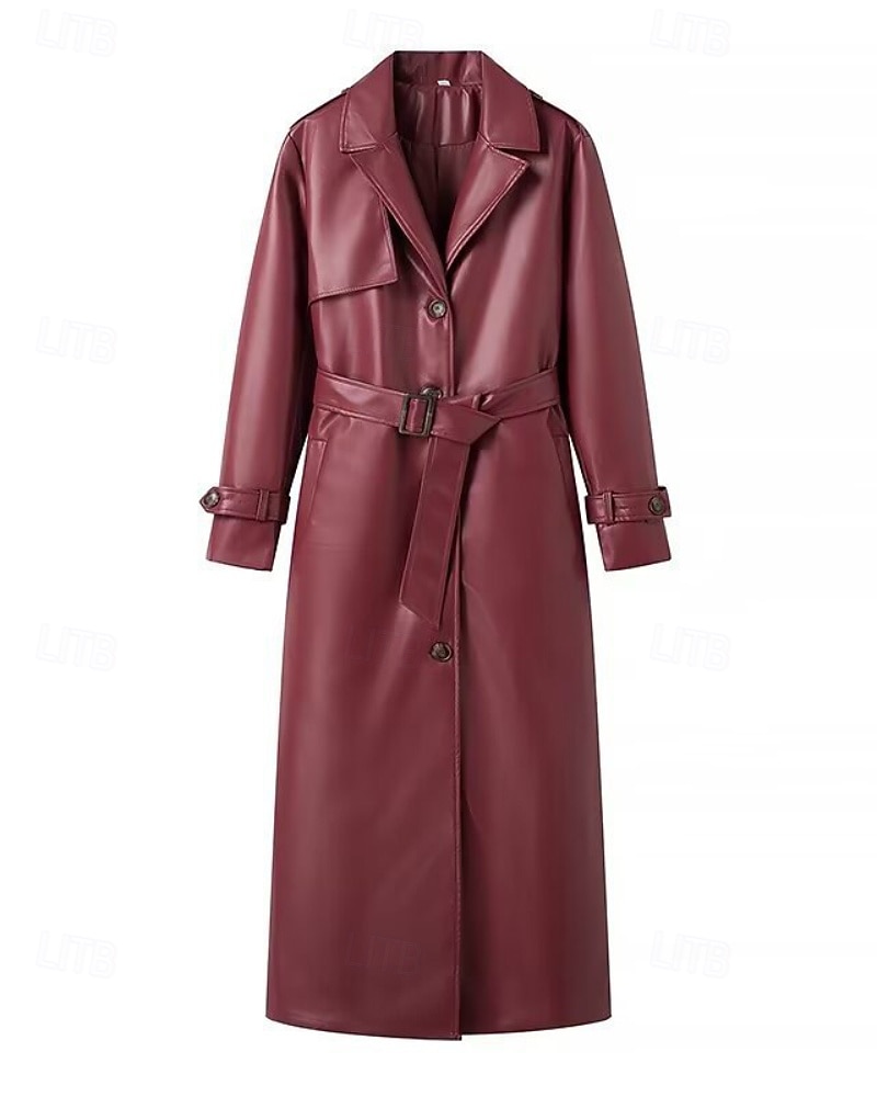 Dam Imitationsläderjacka Trenchcoat Håller värmen Bekväm Ficka Knappar Mode Slät Formell Utomhus Semester Ledigt Lång Nedvikt Normal Långärmad Ytterkläder Svart Mörkröd Höst Vinter 2025 - $67.99 –P4