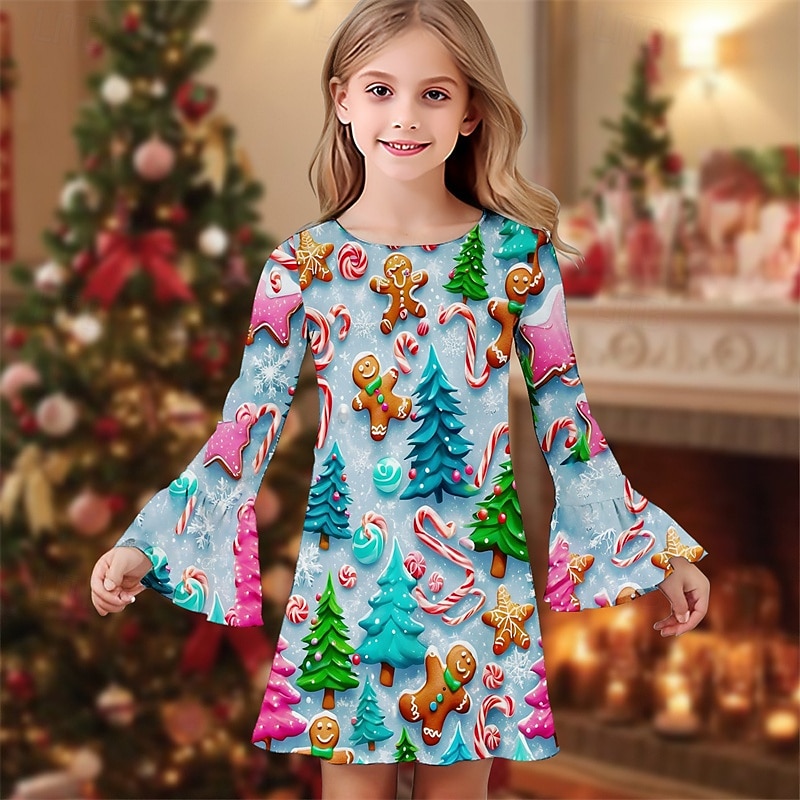 Christmas Girls' 3D Graphic Christmas Tree Gingerbread Dress Ruffle Dress Long Sleeve Spring Fall Vacation Daily Holiday Beautiful Sweet Kids 4-12 Years Casual Dress Knee-length Regular Fit 2025 - $15.99 –P1