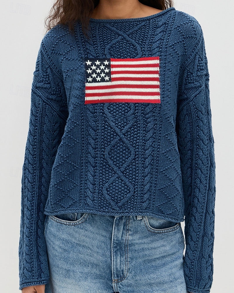 Női Pulóver Szüret Divat Utcai sikk Grafika Terített nyak Kötött Hosszú ujj Normál felsők Kötött Szabadtéri Napi Randi Tengerészkék Ősz Tél 2025 - $39.99 –P1