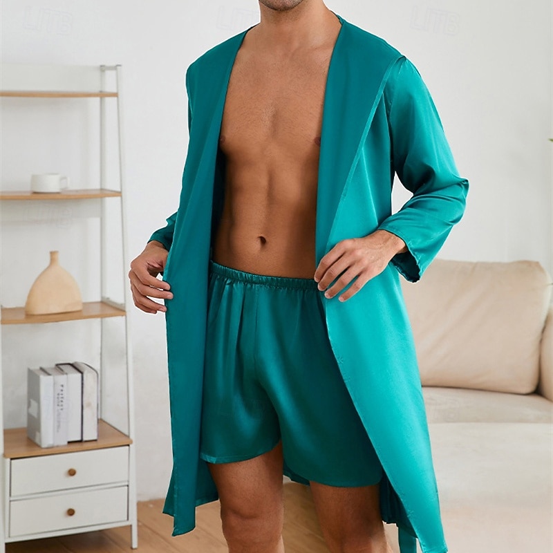 Men's Pajamas Silk Robe Sleepwear Pajama Set 1 set Plain Fashion Stylish Classic Home Daily Bed Polyester Comfort Soft Hoodie Long Sleeve Belt Included Summer Spring Lake Blue Champagne 2025 - $42.99 –P5