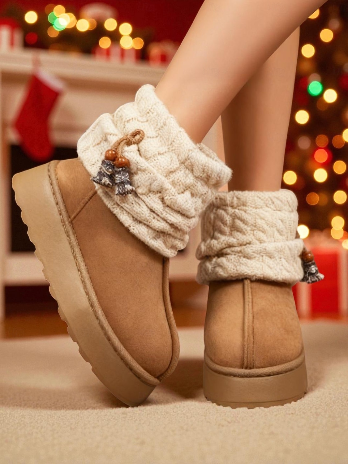 Dámské pletené zimní boty s fleecovou podšívkou - útulné a teplé, ideální do zasněženého počasí a na outdoorové aktivity 2025 - $15.99 –P2
