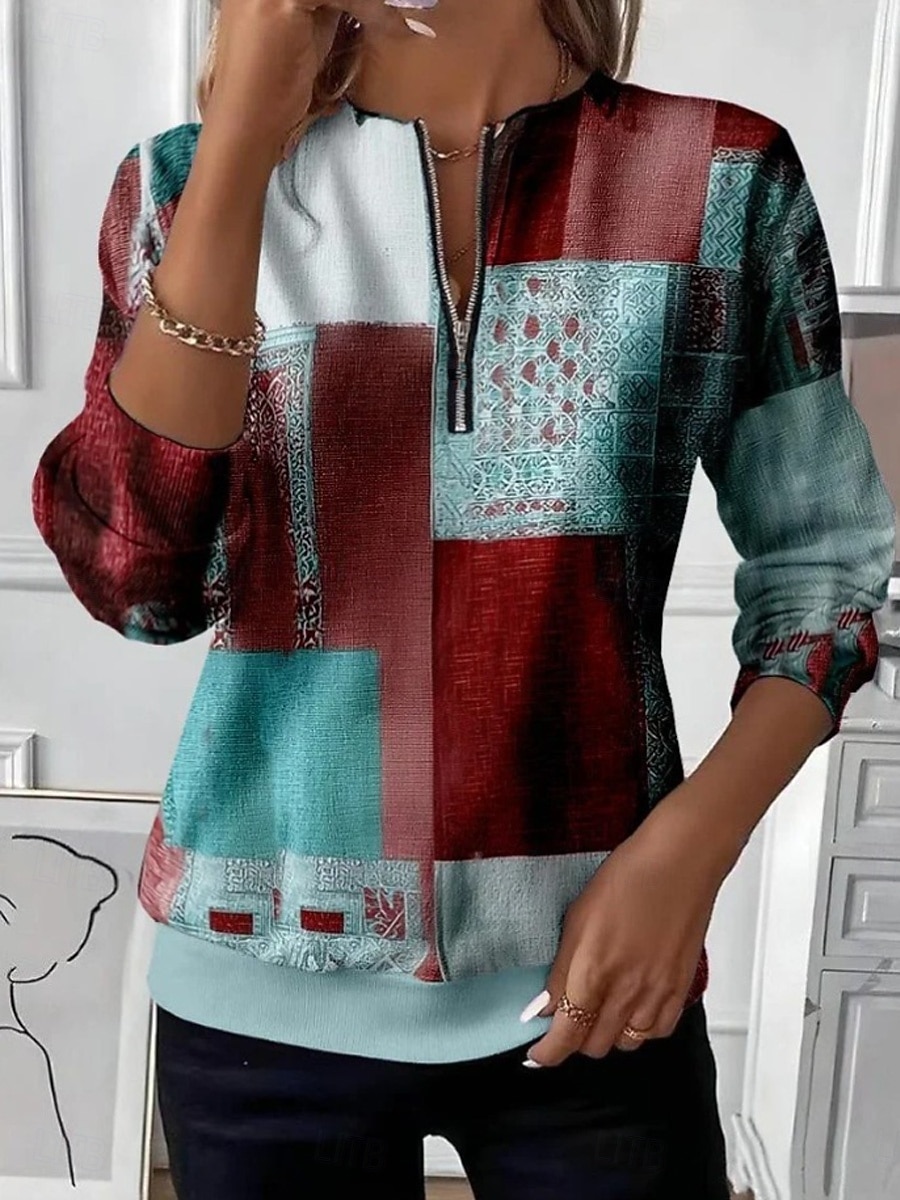 Damskie Bluza z kapturem Bluzy z zamkiem błyskawicznym Zamek Nadruk Graficzny Geometryczny Kolorowy blok Moda Codzienny Długi rękaw Półgolf Zwykłe topy Ulica Na co dzień Jasnozielony Brązowy Khaki 2026 - $27.99 –P2