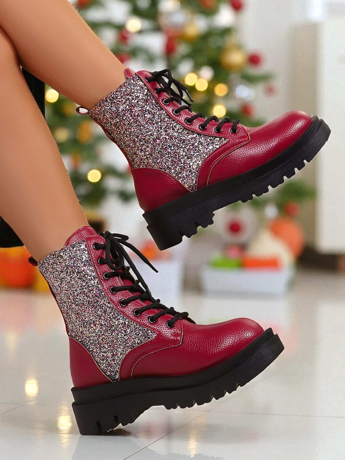 Botas de combate con purpurina roja para mujer: botines con cordones brillantes para mujer, ideales para Navidad, fiestas de invierno y salidas festivas. 2025 - $34.99 –P4