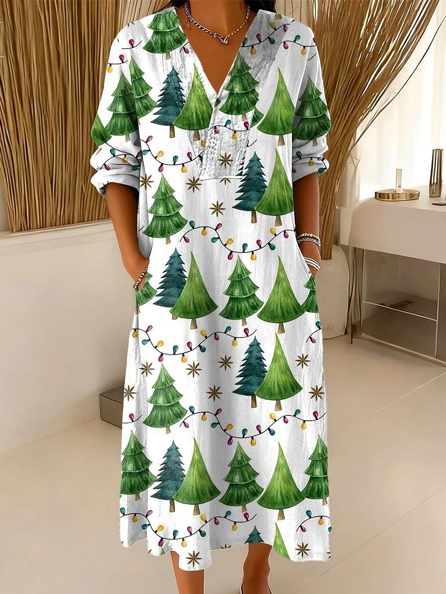 Christmas Women's Midi Dress Shift Dress Vacation Casual Going out Loose  Fit Graphic Christmas Tree Long Sleeve V Neck White Wine Red Green Fall  Winter 2026 - KWD 13.99