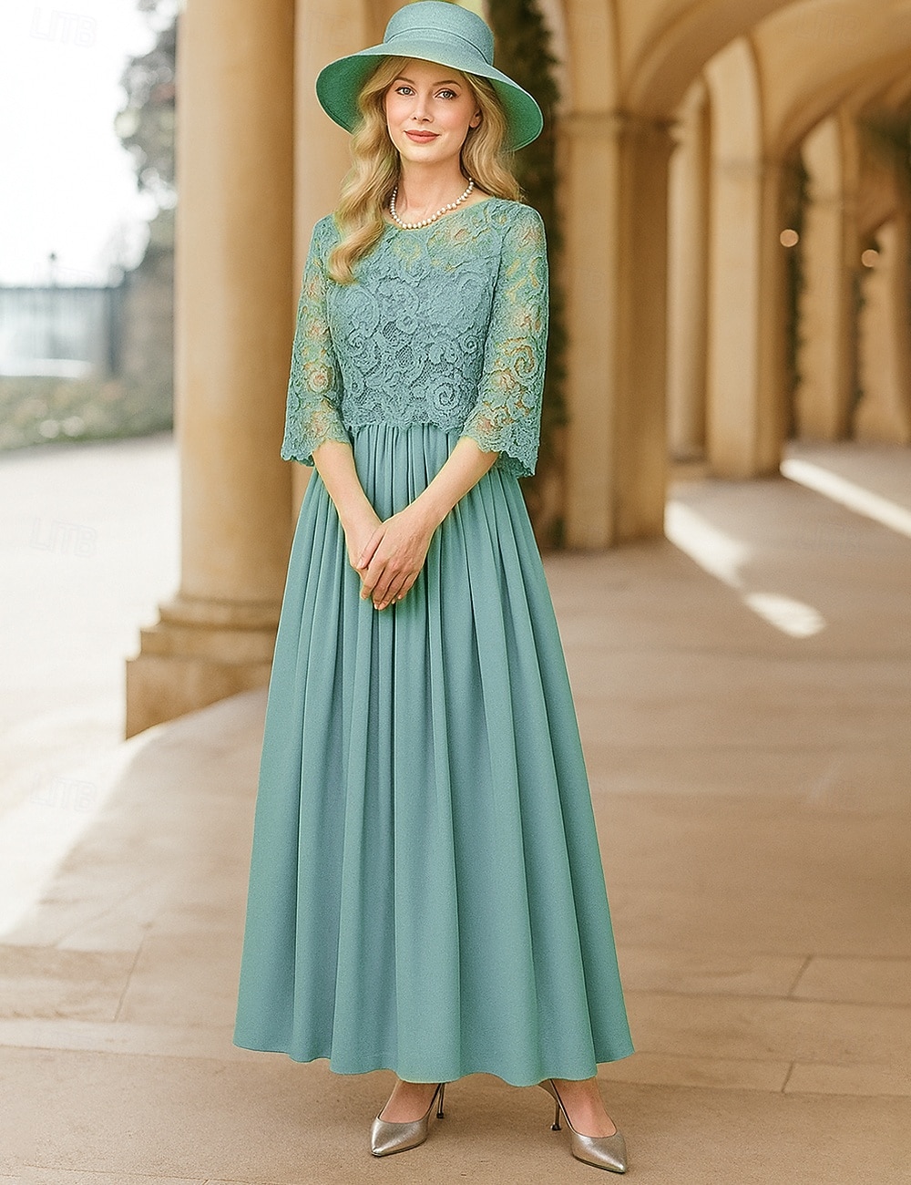 A-linje gulvlang brudgjestkjole formelle kjoler kveldsdrakt mor til bruden kjole 3/4 lengde erme rund hals elegant formell blonde med ensfarget 2026 - $91.99 –P5