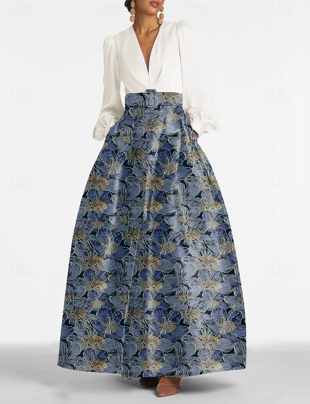 2025年 ジャカードブロケード フローラル Aラインイブニングガウン ドレス フォーマルウェディングゲスト フロアレングス 長袖 Vネック ベルト ナイロン スリットポケット  コレクション – $149.99 –P1