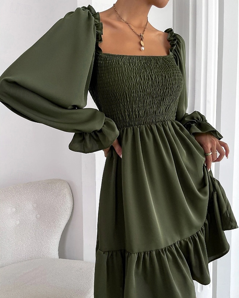 Damen Minikleid Schößchen Kleider Gerafftes Kleid Modern Outdoor Ferien Ausgehen Normale Passform Einfach Langarm Quadrathals Schwarz Wein Armeegrün Leicht Braun Frühling Herbst 2025 - $24.99 –P10