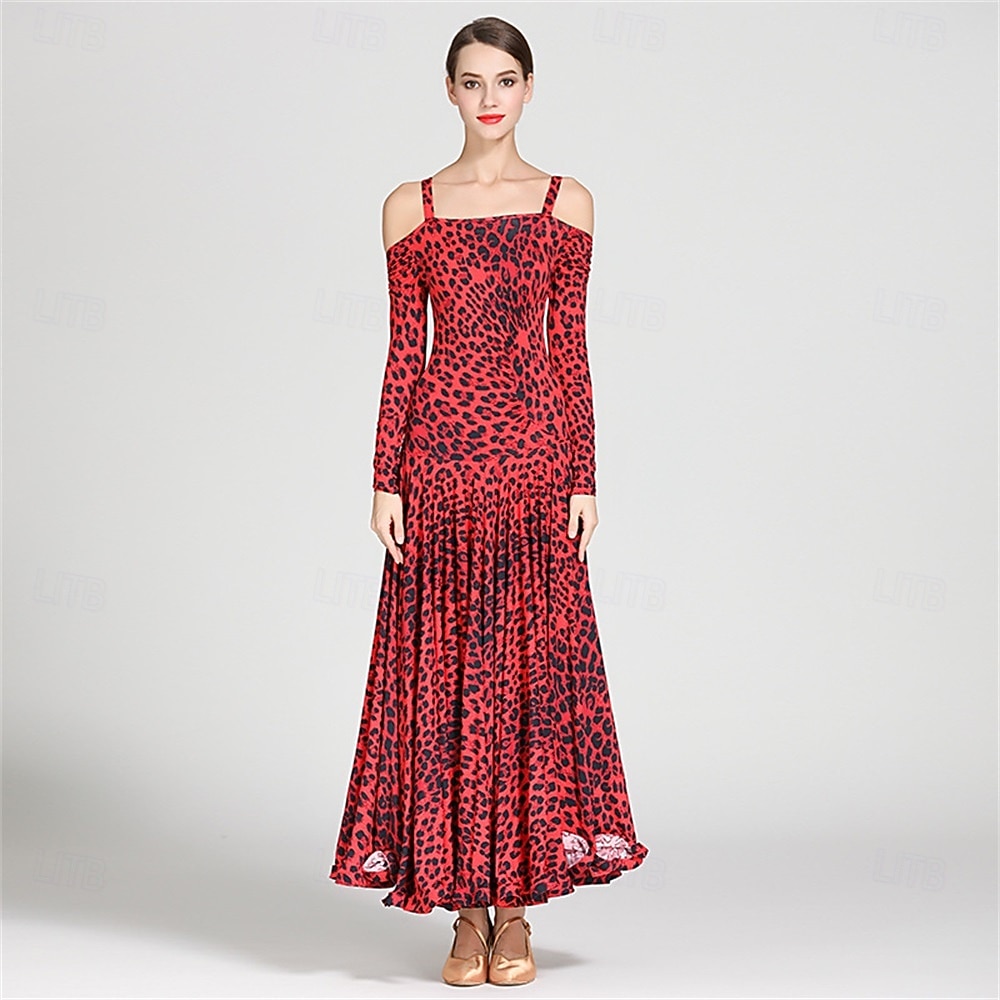 Animal Print Off-Shoulder Ballroom Dance Dress for Women - Long Sleeve A-Line Gown for Competitions, Latin, and Dance Events 2026 - $131.99 –P8
