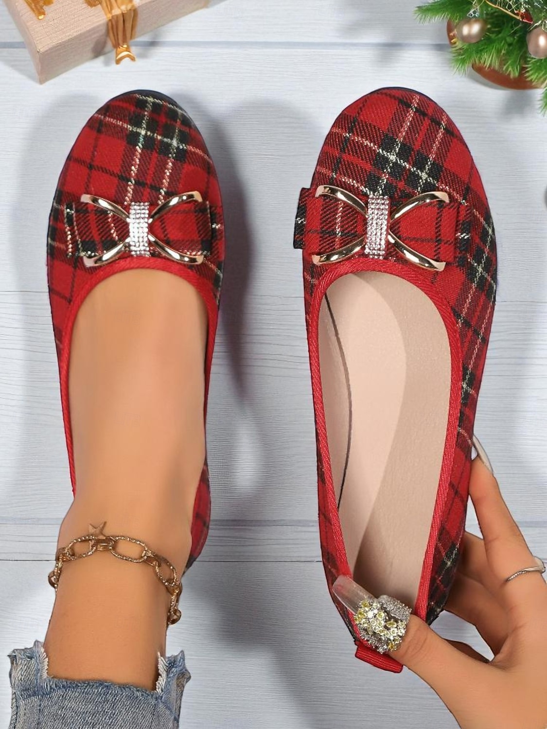 sapatilhas femininas xadrez vermelhas com laço de strass – sapatos sociais elegantes e fáceis de calçar para uso diário, escritório e festas de Natal de 2026 por $26.99 –P3